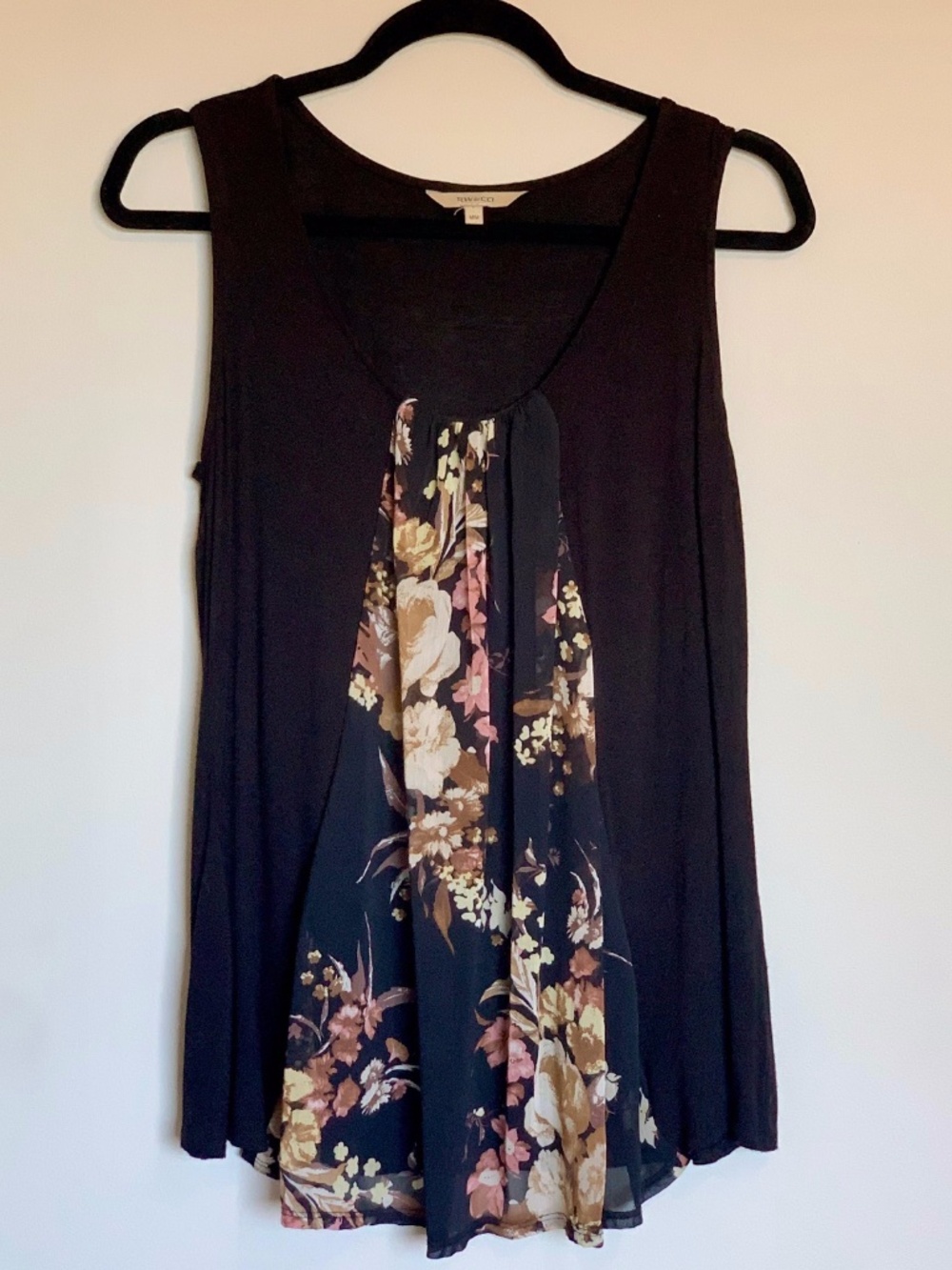RW&Co Black Sleeveless Top with chiffon floral pattern center panel SIZE M